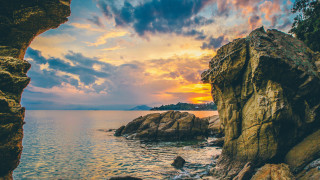 Sunset cave ocean rocky shore - in the ocean free wallpaper for desktop