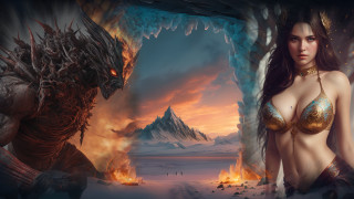 Woman bikini creature cave fire - matte fantasy painting free wallpaper