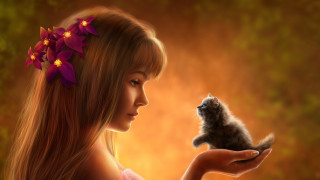 Girl holding kitten flower fantasy - a kitten free wallpaper