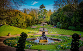 Garden fountain trees flowers blue - a garden free wallpaper