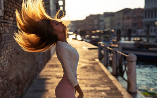 Woman blowing hair river bridge - andrea orcagna free wallpaper