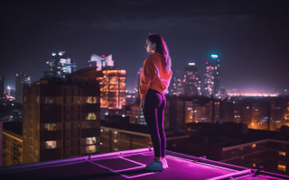 Rooftop citylights synthwave cyberpunk woman - elsa bleda free wallpaper
