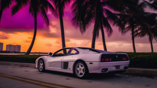 White sports car palm trees 3 - outrun free wallpaper