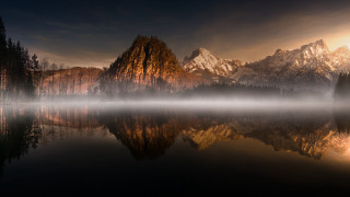 Mountain lake forest foggy sky - reflective free wallpaper