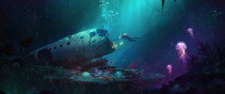 Underwater submarine jellyfish man scuba - cliff childs free wallpaper