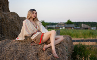 Haybale field blonde japanese cosplay - a house in the background free wallpaper