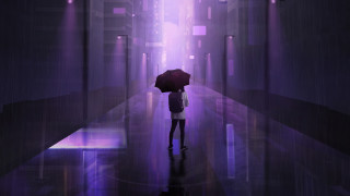 Rainy hallway cyberpunk umbrella purple - atey ghailan free wallpaper for desktop