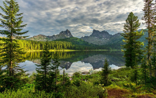 Lake trees mountains cloudy sky 7 - tree and mountains under a cloudy sky free wallpaper