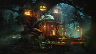 Forest treehouse night lanterns torii - night free wallpaper