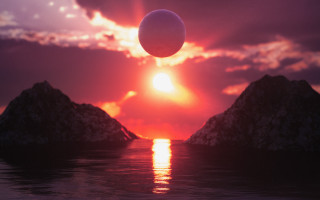 Sunset floatingsphere mountains ocean cityscape - 8 k free wallpaper