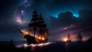 Fantasy ship night ocean starry - cinematic matte painting free wallpaper