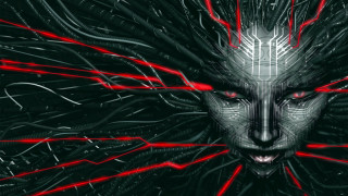 Cyberpunk face red eyes glowing - red line free wallpaper for desktop
