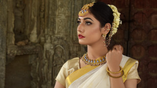 Woman white gold saree jewelry - a brick wall behind her free wallpaper for desktop