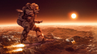 Space suit snowboard rocky surface - free space wallpaper