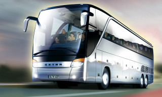 Large bus people driving road - the front of it free wallpaper