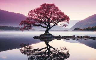 Lake mountain tree fog sunset - choi buk free wallpaper