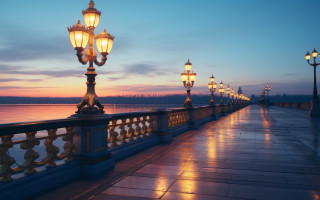 Dusk lamp lit bridge mountains - a walkway free wallpaper