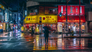 Rainy night umbrella cyberpunk city - a neon free wallpaper
