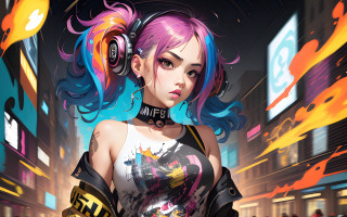 Cyberpunk girl neonlights colorfulhair headphones - stanley artgerm lau free wallpaper
