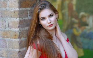 Woman long hair brick wall 9 - free portrait wallpaper for desktop