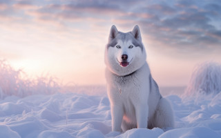 Husky sitting snow sunset clouds - husky free wallpaper for desktop