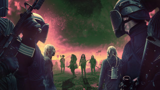 Red sky group people poster - free sci-fi wallpaper for desktop