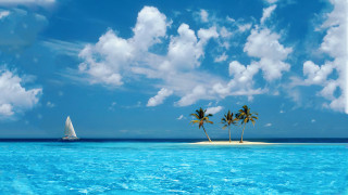 Sailboat ocean island palm trees - widescreen free wallpaper