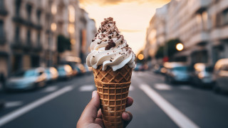 Person holding icecream city street - food photography free wallpaper for desktop