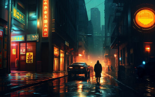Man street night rain cyberpunk - the side of the street free wallpaper