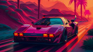 Car palm trees pink sky - hue free wallpaper