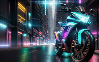 Futuristic motorcycle neon city night - the building and the street free wallpaper