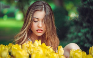 Woman long hair yellow flowers - the sunlight free wallpaper