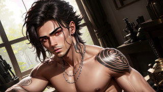 Man tattoo portrait gun window - his arm and chest free wallpaper