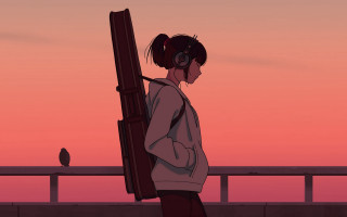 Girl headphones pier ocean bird - atey ghailan free wallpaper for desktop