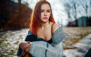 Red haired woman bench snow - her body free wallpaper