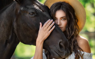 Woman hugging horse straw hat - ancell stronach free wallpaper