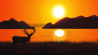 Deer lake sunset mountains dusk - a deer free wallpaper