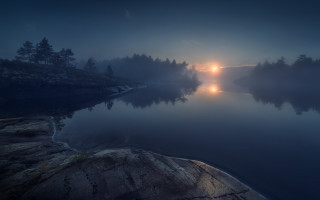Lake lighthouse fog night mountain - sunrise free wallpaper