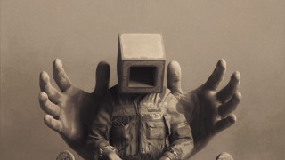 Man cube head hands reaching - a surrealist sculpture free wallpaper