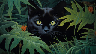 Black cat jungle flowers yellow - a painting free wallpaper for desktop