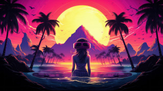 Woman water mountain palm sunset - synthwave style free wallpaper for desktop
