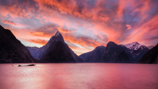 Lake mountains sunset boat pink - brad holland free wallpaper for desktop