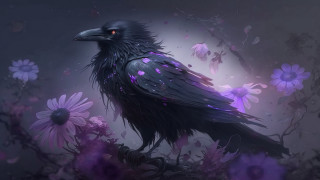 Black bird purple flower full - a digital painting free wallpaper