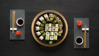 Sushi plate chopsticks sauces coffee - a plate of sushi free wallpaper