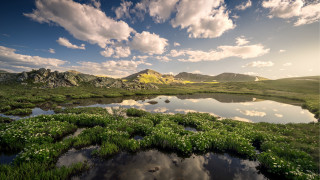 Lake mountains green plants clouds - alson s. clark free wallpaper