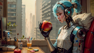 Bluehair apple headphones cyberpunk cityscape - dystopian art free wallpaper