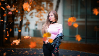 Woman tree falling leaves autumn - elina karimova free wallpaper for desktop