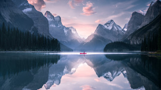 Boat mountains trees sunset pink - a boat free wallpaper for desktop