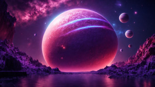 Purple planet galaxy night moon - the background and a lake in the foreground free wallpaper
