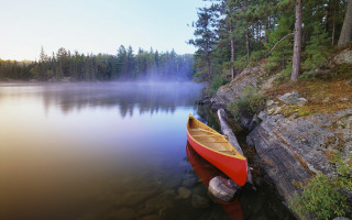Canoe dock lake fog trees - fog in the air and trees free wallpaper